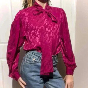 Vintage Yves Saint Laurent Pink Silk Balloon Sleeve Front Bow Blouse 36 Womens
